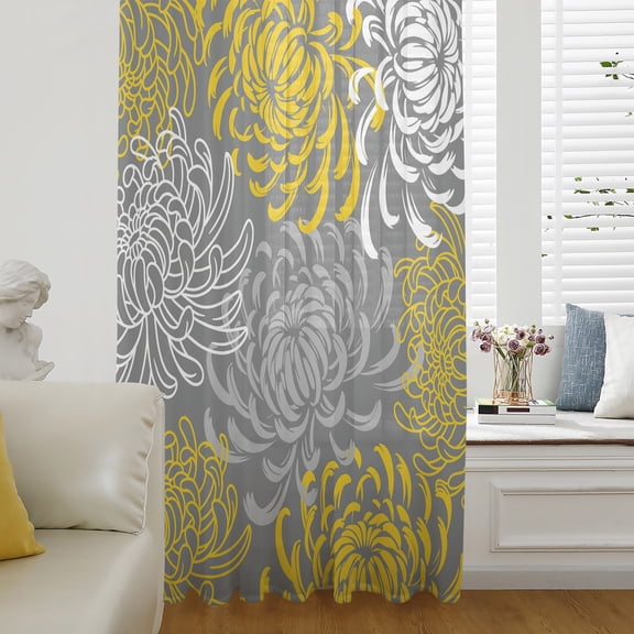 Yellow Gray Floral Sheer Curtains 63 Inch Length, Light Filtering Voile Curtain Panel, Farmhouse Retro Abstract Flowers Art Rod Pocket Drapes Window Treatments for Living Room Bedroom 52"x63"