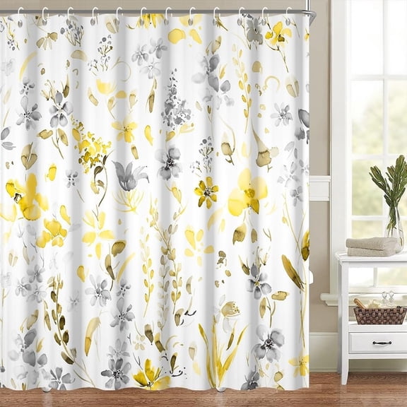 Yellow Gray Floral Shower Curtain for Bathroom Watercolor Plants Leaves Shower Curtains Spring Botanical Themed Bathroom Decor Set Washable Waterproof Polyester Fabric with Hooks 70x72 Inch