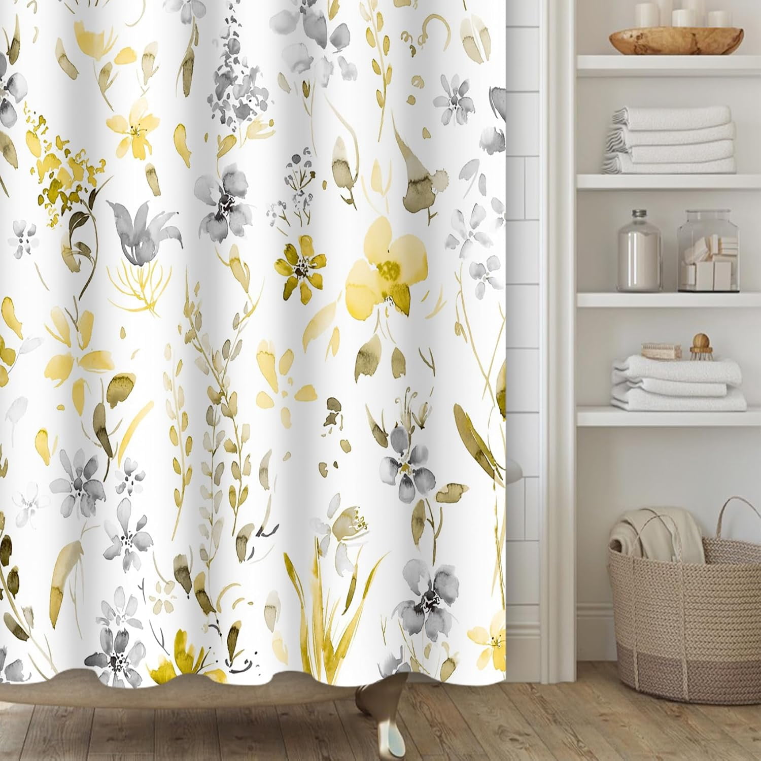 Yellow Gray Floral Shower Curtain,Watercoor Flower Leaves Shower