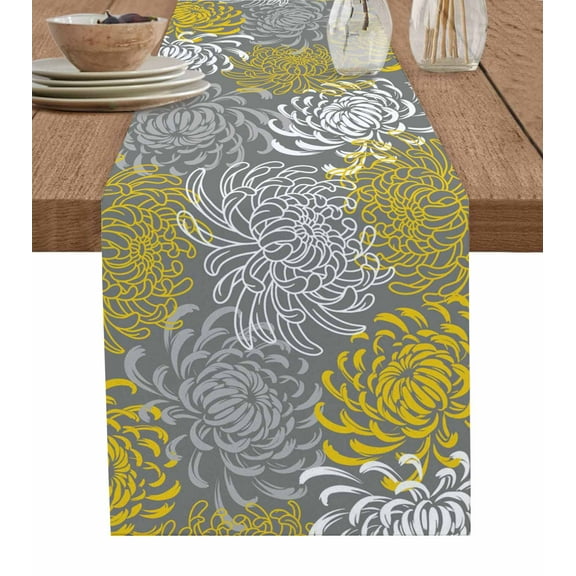 Yellow Gray Floral Table Runner Farmhouse Retro Abstract Flowers Art Tablerunners 13 x 48 Inch, Table Decorations Tabletop Scarf for Summer Gathering Holiday Farmhouse Kitchen Dining Decor