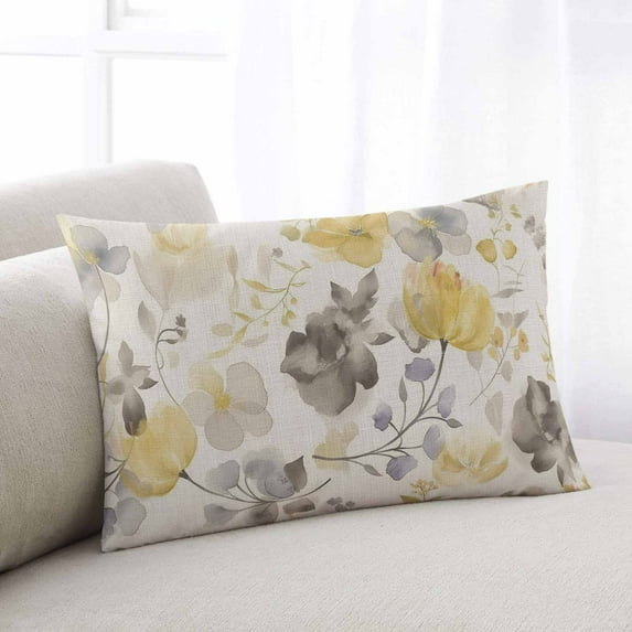 Yellow Gray Flowers Throw Pillow Cover Case, Couch Sofa Bed Pillowcase, Soft Decorative Lumbar Pillow Protector, Vintage Farmhouse Botanical Floral 12x20Inch Reversible Pillow Shams with Zipper