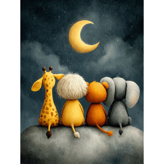 Yellow Gray Gender Neutral Animal Nursery Canvas Print, Elephant Giraffe Bear Moon Star Baby Room Wall Decor