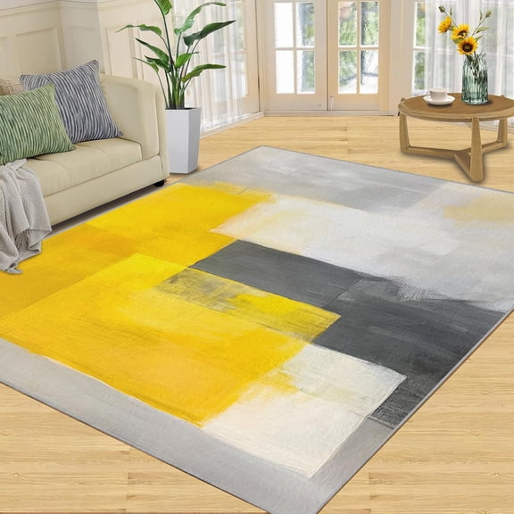 Yellow Gray Geometric Area Rug, Retro Abstract Washable Rug, Non Slip Low Pile Carpet for Living Room Bedroom Home Decor 2x3ft