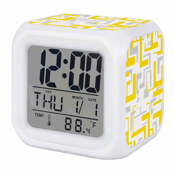 Yellow Gray Geometric Stripes Alarm Clock, Modern Abstract Lines Maze Digital Clock Night Light with 7 Color, Calendar Temperature Display, LED Desk Small Clock for Bedrooms Bedside Living Room