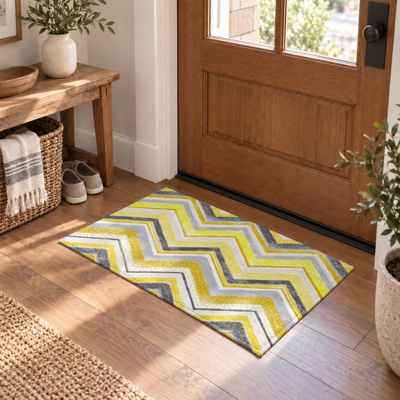 Yellow Gray Gradient Zigzag Stripe Area Rug for Living Room Bedroom Rug 2x3ft, Nordic Style Abstract Art Washable Rugs Soft Non-Slip Floor Mat for Dining Room Nursery Home