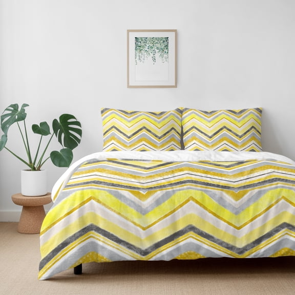 Yellow Gray Gradient Zigzag Stripe California King Size Bed Set,Nordic Style Abstract Art Bedding for All Seasons,4 Pcs Bed Set with 1 Quiltcover (96"x104"),1 Sheet (110"x98"),2 Pillowcases (20"x36")