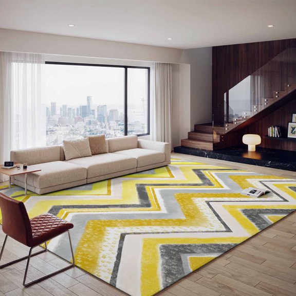 Yellow Gray Gradient Zigzag Stripe Large Area Rug 8x10ft, Washable Non-Slip Low Pile Rug Nordic Style Abstract Art Soft Non-Slip Carpet, Indoor Carpet for Entryway Bedside Dorm