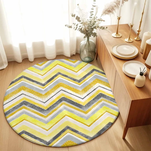 Yellow Gray Gradient Zigzag Stripe Round Rug 3ft Nordic Style Abstract Art Washable Area Rugs for Living Room Bedroom Entryway Non Slip Entrance Door Mat Indoor Floor Carpet