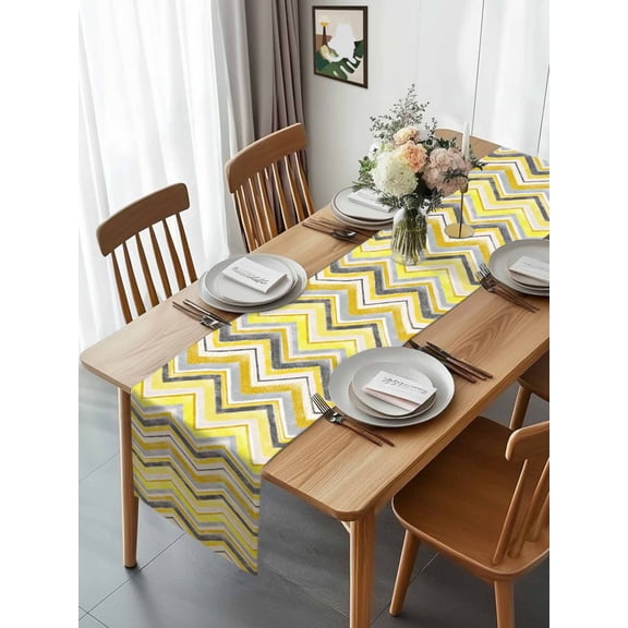 Yellow Gray Gradient Zigzag Stripe Table Runner 13x70in Non-Slip Cotton Linen Table Runners, Nordic Style Abstract Art Dresser Scarves TableRunner for Dinner Kitchen Dining Wedding Party