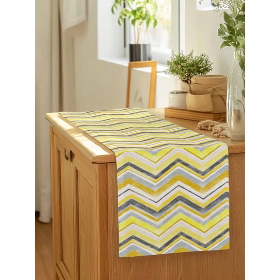 Yellow Gray Gradient Zigzag Stripe Table Runner 13x90in Non-Slip Cotton Linen Table Runners, Nordic Style Abstract Art Dresser Scarves TableRunner for Dinner Kitchen Dining Wedding Party