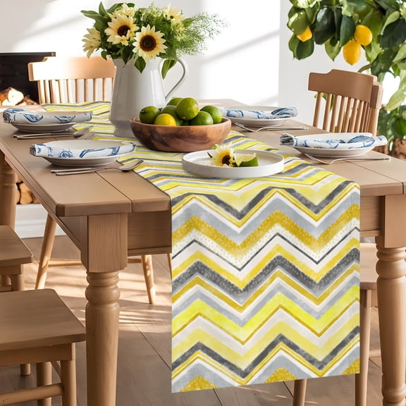 Yellow Gray Gradient Zigzag Stripe Table Runner 72 Inch Long Nordic Style Abstract Art Table Runners Linen Burlap Tablerunner for Kitchen Dining Room Holiday Party