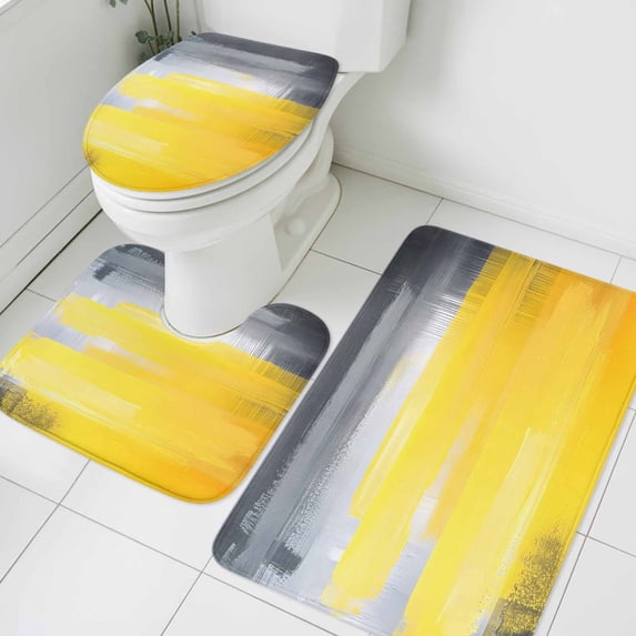 Yellow Gray Graffiti Bathroom Rugs Set Abstract Color Block Non Slip Absorbent Soft Bath Mats 3 Piece Set with Bathroom Rug, U-Shaped Floor Mat, Toilet Seat Cover Large Size