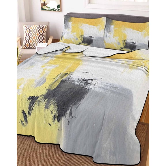 Yellow Gray King Size Down Alternative Comforter, Lightweight Comforter Quilt Bedding Set with Pillow Shams Modern Oil Painted Abstract Geometric All Seasons Bed Comforter Duvet Insert 96"x106"