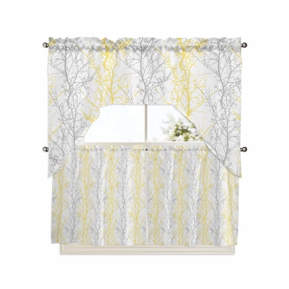 Yellow Gray Kitchen Curtain and Valance Set 3 Pieces, Rod Pocket Short Tier Curtains 24 Inch Length, Pastoral Botanical Branch Aesthetics Swag Topper Small Window Treatment for Cafe Bathroom Bedroom
