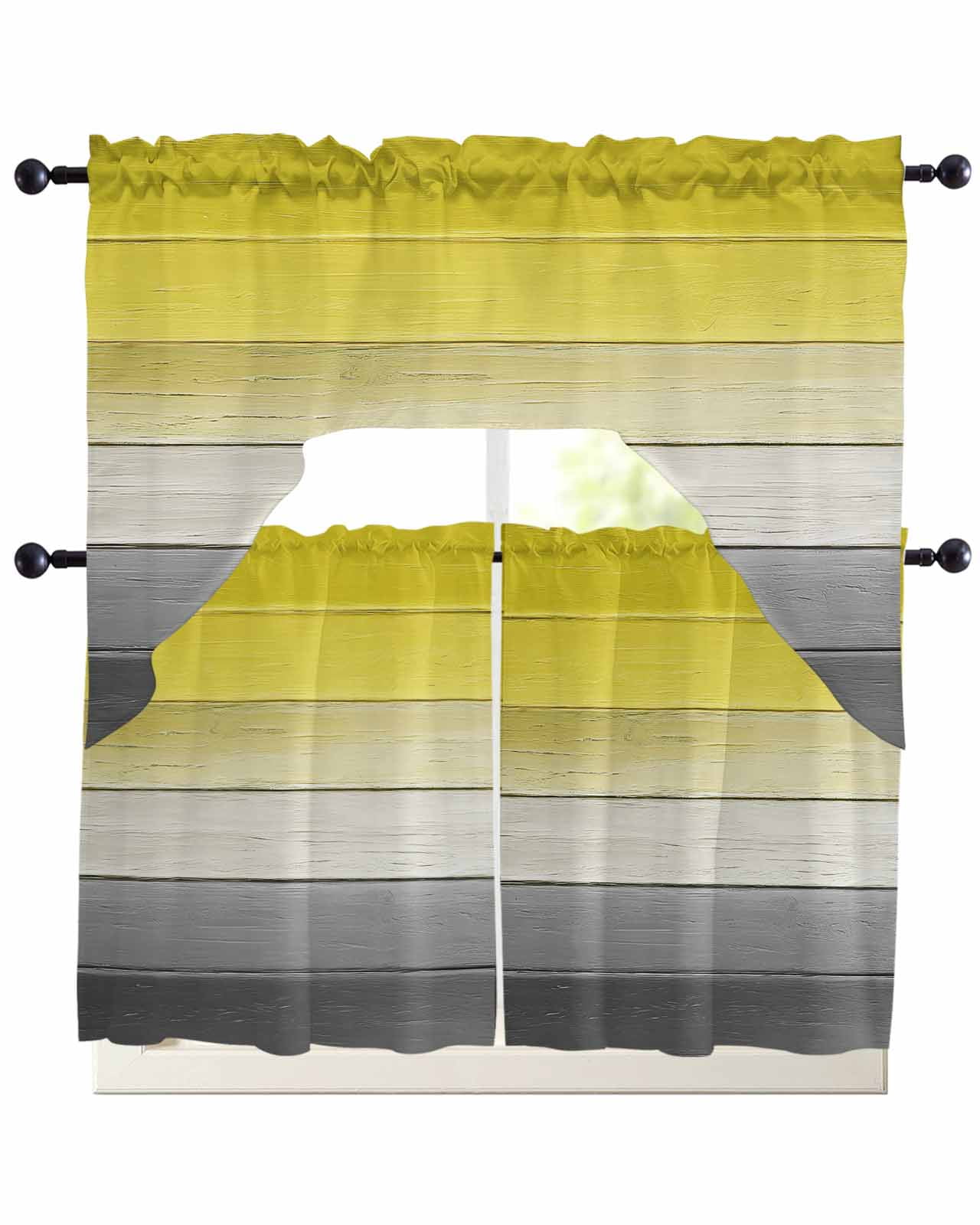 Yellow Gray Kitchen Curtains Sets 36 Inch Length with Valance, Country ...