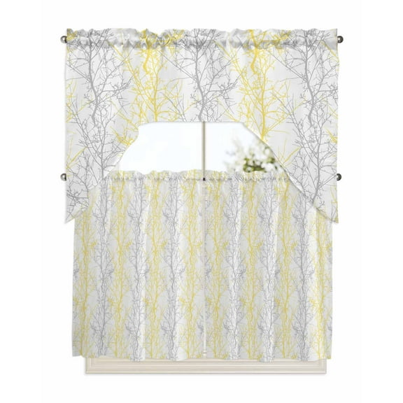 Yellow Gray Kitchen Curtains Swag Valance and Tier Curtains Set 36 Inch Length, Pastoral Botanical Branch Aesthetics Rod Pocket Drape Panels Pair Swag Curtains for Bathroom/Cafe/Window