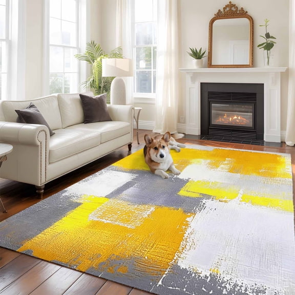 Yellow Gray Large Area Rugs 6x9 ft Geometric Graffiti Oil Paint Color Block Modern Washable Rug Non Slip Indoor Carpet Absorbent Floor Mat for Living Room Bedroom Dining Room