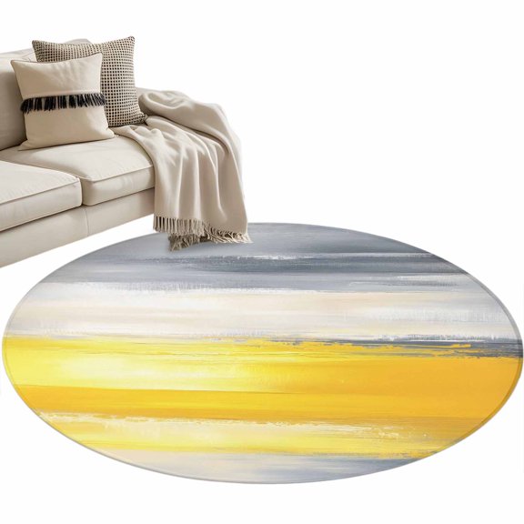 Yellow Gray Large Area Rugs for Bedroom Living Room, Soft Non Slip Carpet Bedside Rug, Modern Abstract Oil Painted Art Round Floor Cover Kitchen Accent Rug 3.3' for Dining Room/Office