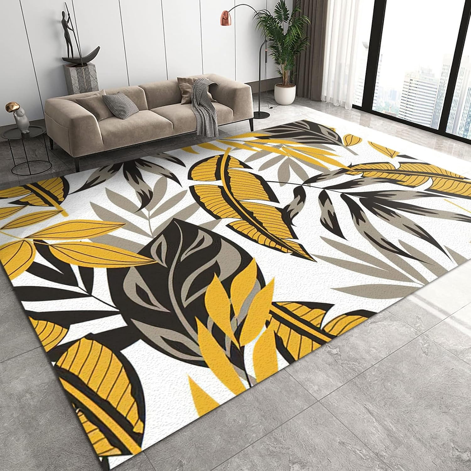 Yellow Gray Leaf Area Rugs, Plant Pattern Apartment Carpet, Lounge Rug ...