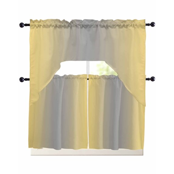 Yellow Gray Ombre Kitchen Curtains Set for Windows 3 Piece Cafe Curtains 24 Inch Length Swag Curtains Valances and Tier Set Modern Gradient Abstract Art Drapes for Bedroom Bathroom Living Room