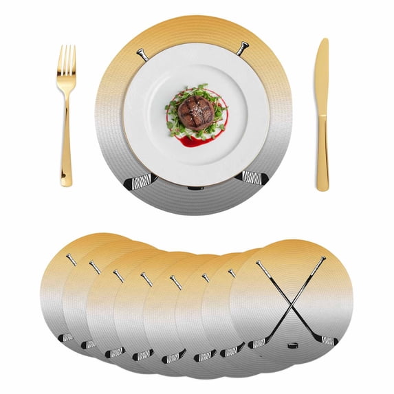 Yellow Gray Ombre Round 13 Inch Placemats Set of 8, Black Hockey Sticks Minimalist Style HeatResistant Non Slip Place Mats for Dining Table, Wipeable Braided Kitchen Table Mats for Housewarming