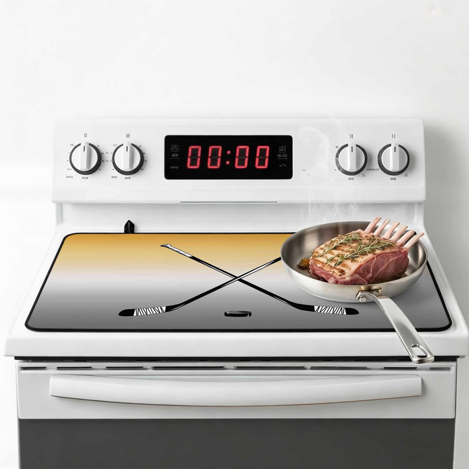 Yellow Gray Ombre Stove Top Cover for Electric Stove, Heat-proof & Non Slip Glass Top Stove Cover Protector, Black Hockey Sticks Minimalist Style Kitchen Flat Cooktop Rubber Mat 24x21 Inches