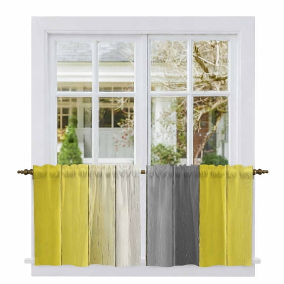 Yellow Gray Ombre Tier Curtains, Vintage Country Wooden Light Filtering Kitchen Curtains, 2Pcs Rod Pocket Half Window Treatments Panels for Sink Cafe Cabinet Camper 27.5x36 Inches