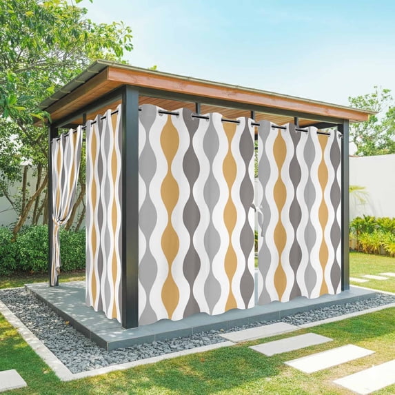 Yellow Gray Outdoor Curtains for Patio Waterproof, Medieval Print Waves Geometric Grommet Curtains for Porch Outside Privacy Drape for Gazebo Garden Pergola, 2 Panels, 54x108in