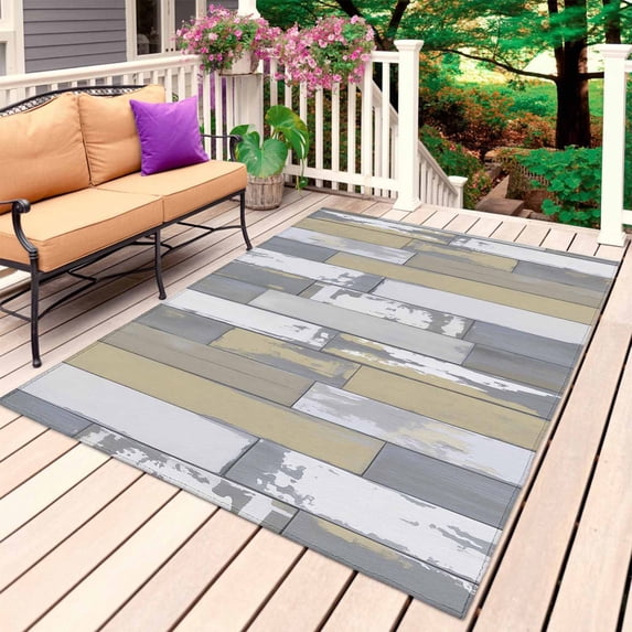 Yellow Gray Outdoor Rug for Patio/Deck/Porch, Non-Slip Large Area Rug 6 x 9 Ft, Rustic Vintage Shabby Mottled Wood Grain Indoor Outdoor Rugs Washable Area Rugs, Reversible Camping Rug Carpet Runner