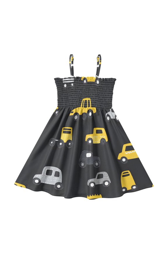 Yellow Gray Pattern Girls' Casual Dresses 2Y-8Y Sleeveless Ruffle Neck for Summer Daily Wear