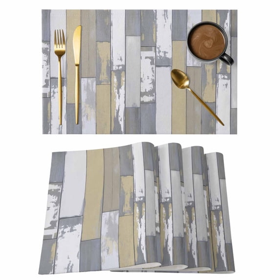Yellow Gray Placemats Set of 12, Rustic Vintage Shabby Mottled Wood Grain Placemats for Dining Table, Place Mats for Kitchen Tabletop, Waterproof Wipeable Dining Table Mats Set