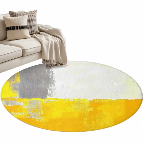 Yellow Gray Round Area&nbsp;Rug 3ft Graffiti Art Mottled Color Block Geometric Modern Non-Slip&nbsp;Washable Circle Rugs Soft Felt Indoor Floor Mat for Bedroom Kitchen Living Room Bathroom
