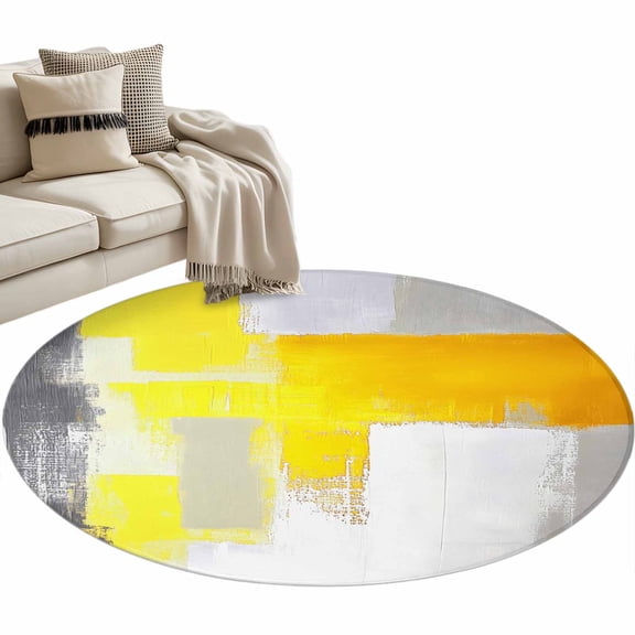 Yellow Gray Round Area&nbsp;Rug 4ft Graffiti Color Block Mottled Geometric Modern Non-Slip&nbsp;Washable Circle Rugs Soft Felt Indoor Floor Mat for Bedroom Kitchen Living Room Bathroom