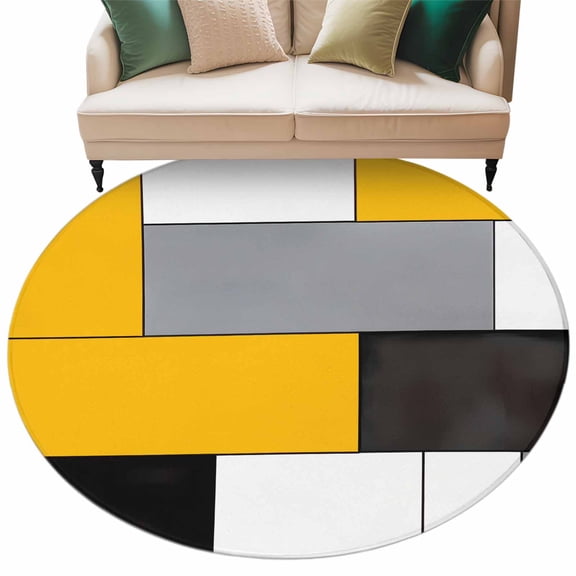 Yellow Gray Round Area&nbsp;Rug 6ft Abstract Color Block Non-Slip&nbsp;Washable Circle Rugs Soft Felt Indoor Floor Mat for Bedroom Kitchen Living Room Bathroom