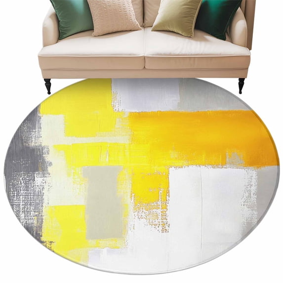 Yellow Gray Round Area Rug 8ft Graffiti Color Block Mottled Geometric Modern Non-Slip Washable Circle Rugs Soft Felt Indoor Floor Mat for Bedroom Kitchen Living Room Bathroom