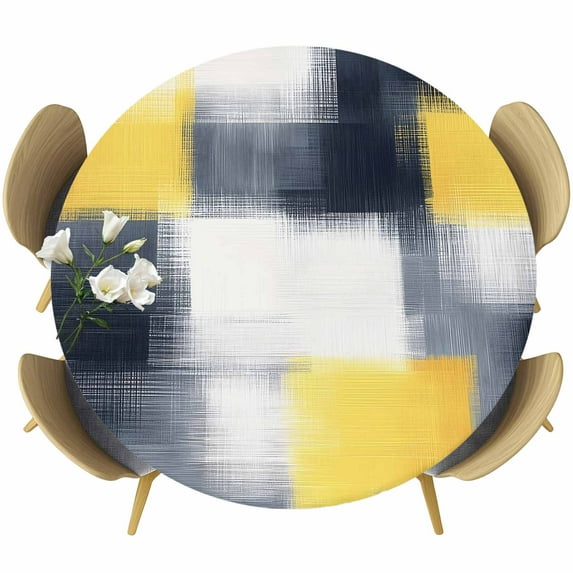Yellow Gray Round Tablecloth 55-60 Inch Round Fitted Table Cloth with Elastic Edge, Geometric Abstract Art Modern Waterproof Table Cover Protector for Outdoor Picnic Party Dining