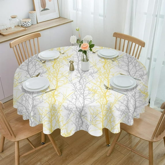 Yellow Gray Round Tablecloth 60 Inch - Waterproof Fabric Table Cloth Protector, Pastoral Botanical Branch Aesthetics Tablecloths Washable Table Cover for Kitchen Banquet Coffee Table Outdoor Party
