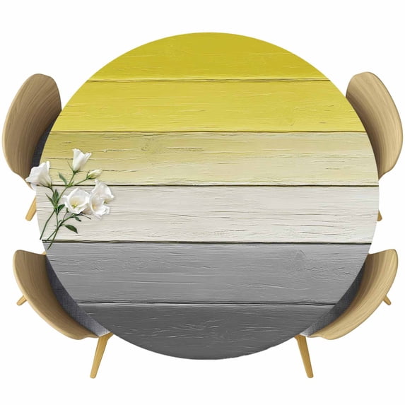 Yellow Gray Round Tablecloth, Fitted Table Cover with Elastic for 36"-44" Round Tables, Country Vintage Abstract Gradient Wooden Table Cloth Outdoor Indoor Dinning Party Waterproof Tablecloths