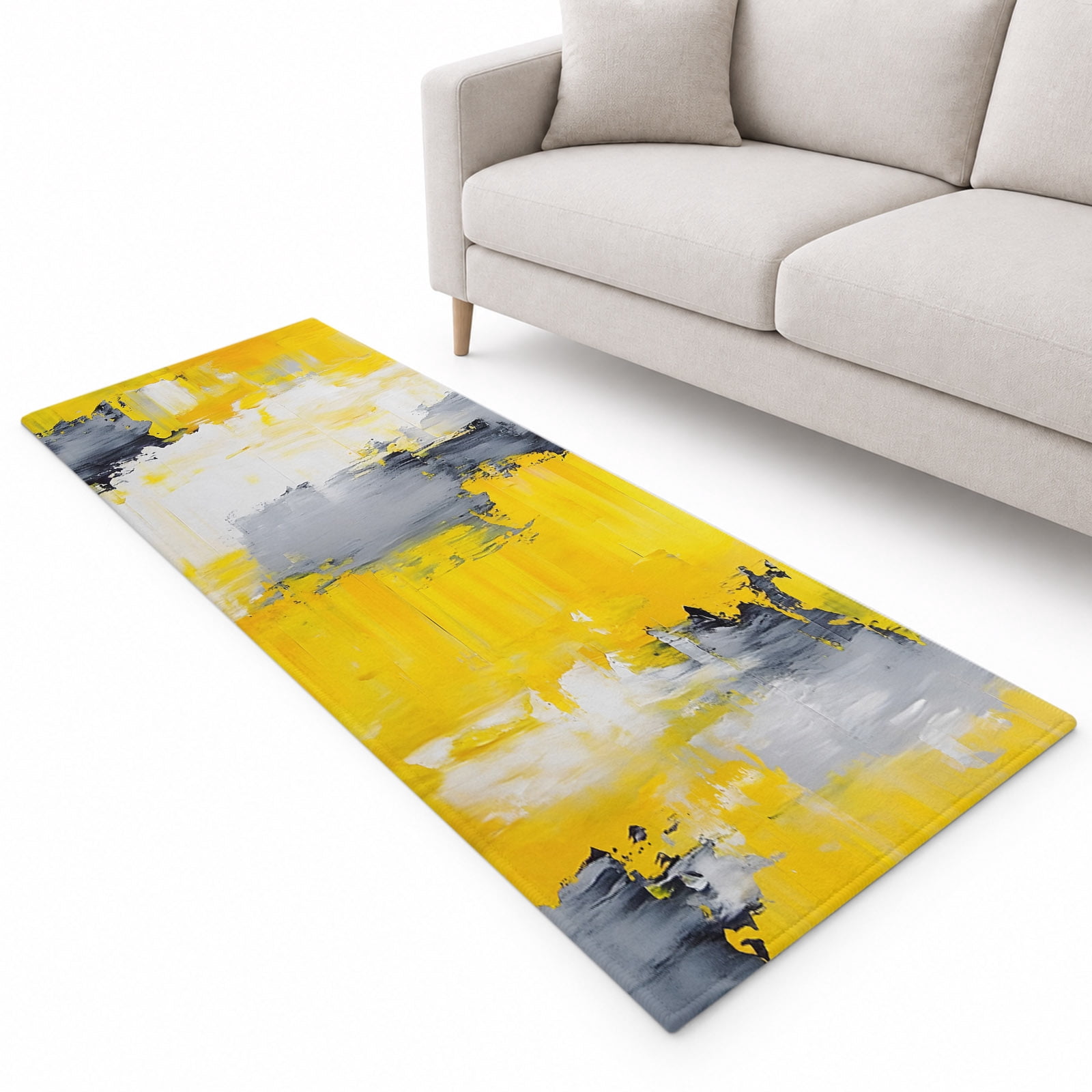 Yellow Gray Runner Rug 2.6'x8', Abstract Retro Soft Mat Non-Slip ...