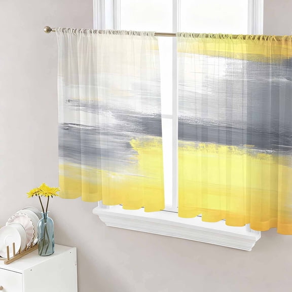 Yellow Gray Semi Sheer Curtains 45 Inch Length 2 Panels Set, Contemporary Abstract Oil Painted Art Sheer Kitchen Curtain Privacy Voile Window Curtain for Living Room Bedroom Rod Pocket Drapes