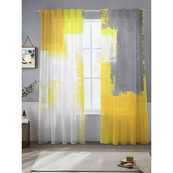 Yellow Gray Sheer Curtains 108 Inches Long 2 Panels Geometric Oil Paint Graffiti Color Block Modern Light Filtering Semi Sheer Window Curtains Drapes for Bedroom Living Room 52"x108"