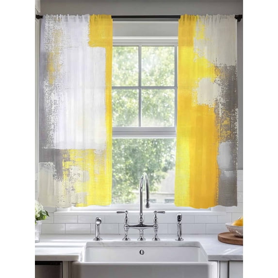 Yellow Gray Sheer Curtains 63 Inches Long 2 Panels Graffiti Geometric Oil Paint Color Block Modern Light Filtering Semi Sheer Window Curtains Drapes for Bedroom Living Room 52"x63"