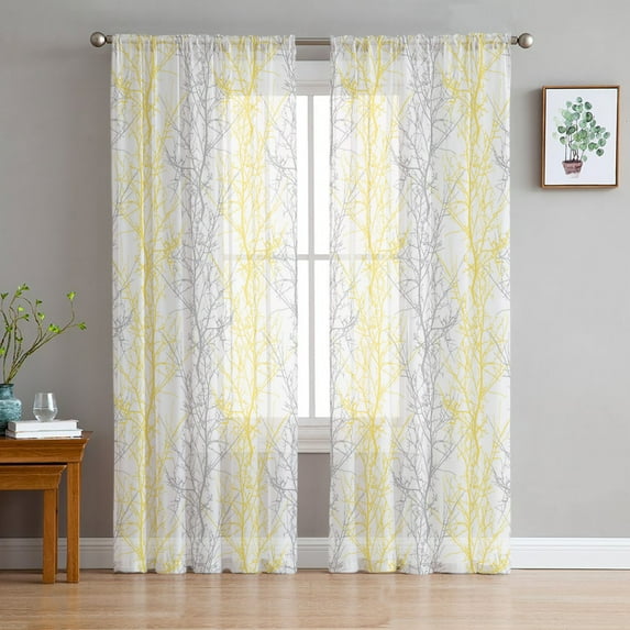 Yellow Gray Sheer Curtains 84 Inches Long 2 Panels Set, Window Sheer Curtains for Living Room/Bedroom, Pastoral Botanical Branch Aesthetics Light Filtering Rod Pocket Curtain 52'' x 84'' x 2
