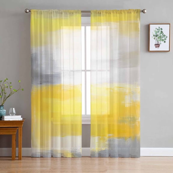 Yellow Gray Sheer Curtains 96 Inch Length 2 Panels Set for Living Room/Bedroom, Contemporary Oil Painted Abstract Art Semi Curtain Sheers Drapes Rod Pocket Curtains Window Treatment Set 52''x96''x2