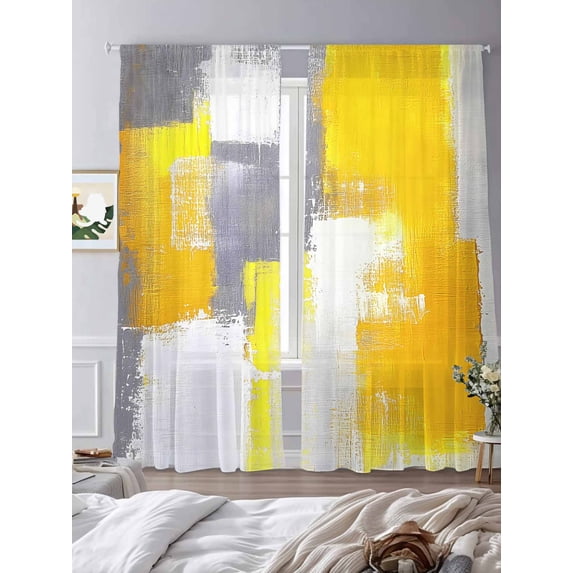 Yellow Gray Sheer Curtains 96 inches Long 2 Panels Set Geometric Graffiti Oil Paint Color Block Modern Tiers Sheers Rod Pocket Small Window Short Curtains for Kitchen Cafe, Each 52" W x 96" L