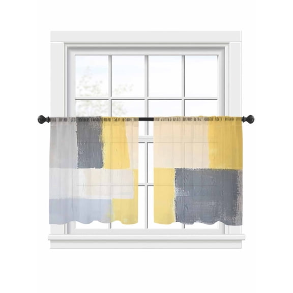 Yellow Gray Sheer Curtains for Living Room Bedroom, Light-filtering Sheer Curtain, Abstract LigRod Pocket Voile Window Treatment Drapes, 52’’Wx54’’L, 2 Panels Set