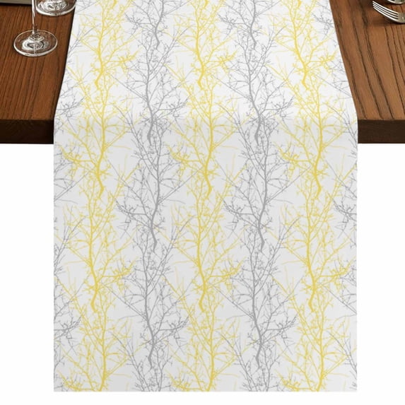Yellow Gray Short Table Runner 60 Inches Long,Pastoral Botanical Branch Aesthetics Cotton Linen Table Runners Dresser Scarves,Fabric Tabletop Scarf Furniture Cover for Home Dinner Party Decor 13"x60"