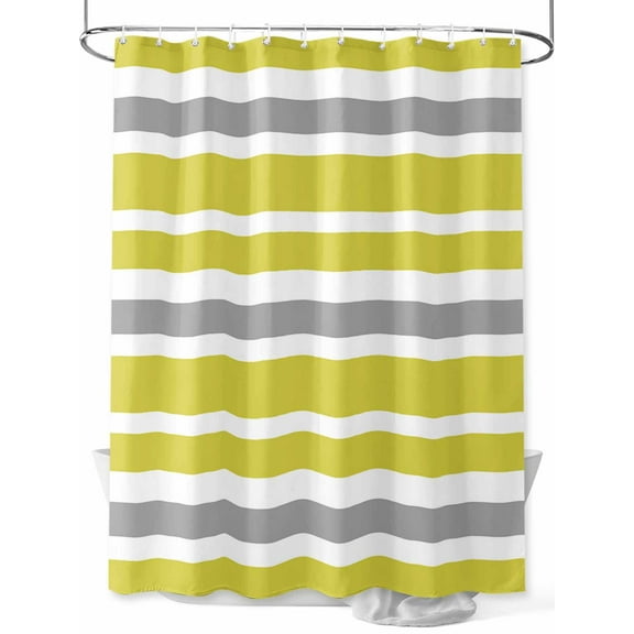 Yellow Gray Shower Curtain, White Geometric Stripes Waterproof Shower Curtain Set with 12 Hooks Lightweight Washable Fabric Shower Curtains for Bathroom 60x72 Inches