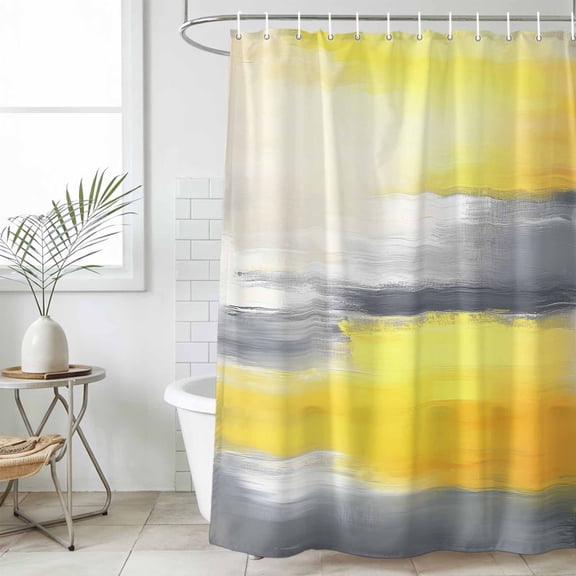 Yellow Gray Standard Shower Curtain Set, Waterproof Shower Curtains for Bathroom, Contemporary Abstract Oil Painted Art Washable Fabric Cloth Bath Curtain for Bathtub with Hooks 72x72 Inches