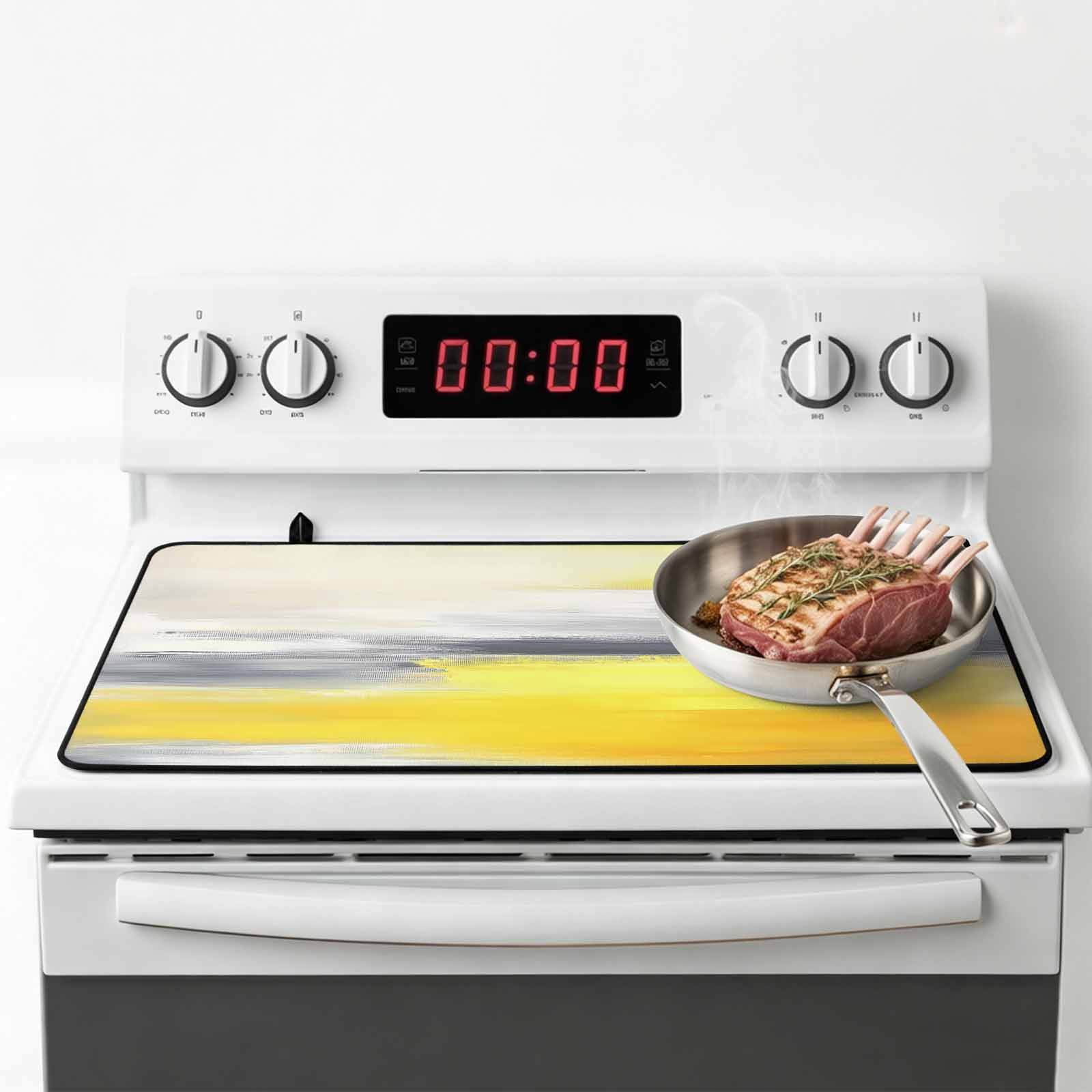 Yellow Gray Stove Top Cover for Electric Stove, Heat-proof & Non Slip Glass Top Stove Cover Protector, Contemporary Abstract Oil Painted Art Kitchen Flat Cooktop Rubber Mat 24x21 Inches